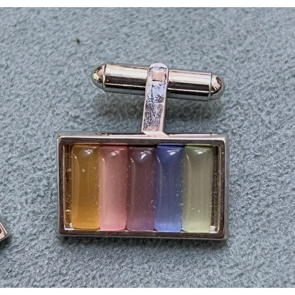 Vintage Beautiful Rainbow Fused Glass Color Rectagle Silver Tone Cufflinks